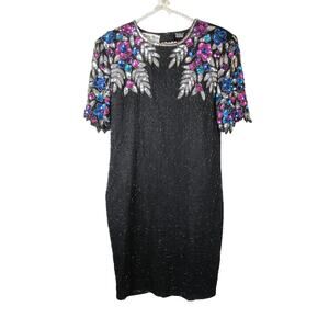 Silky Nites Vintage Sequin Bead Silk Disco Party Dress size M